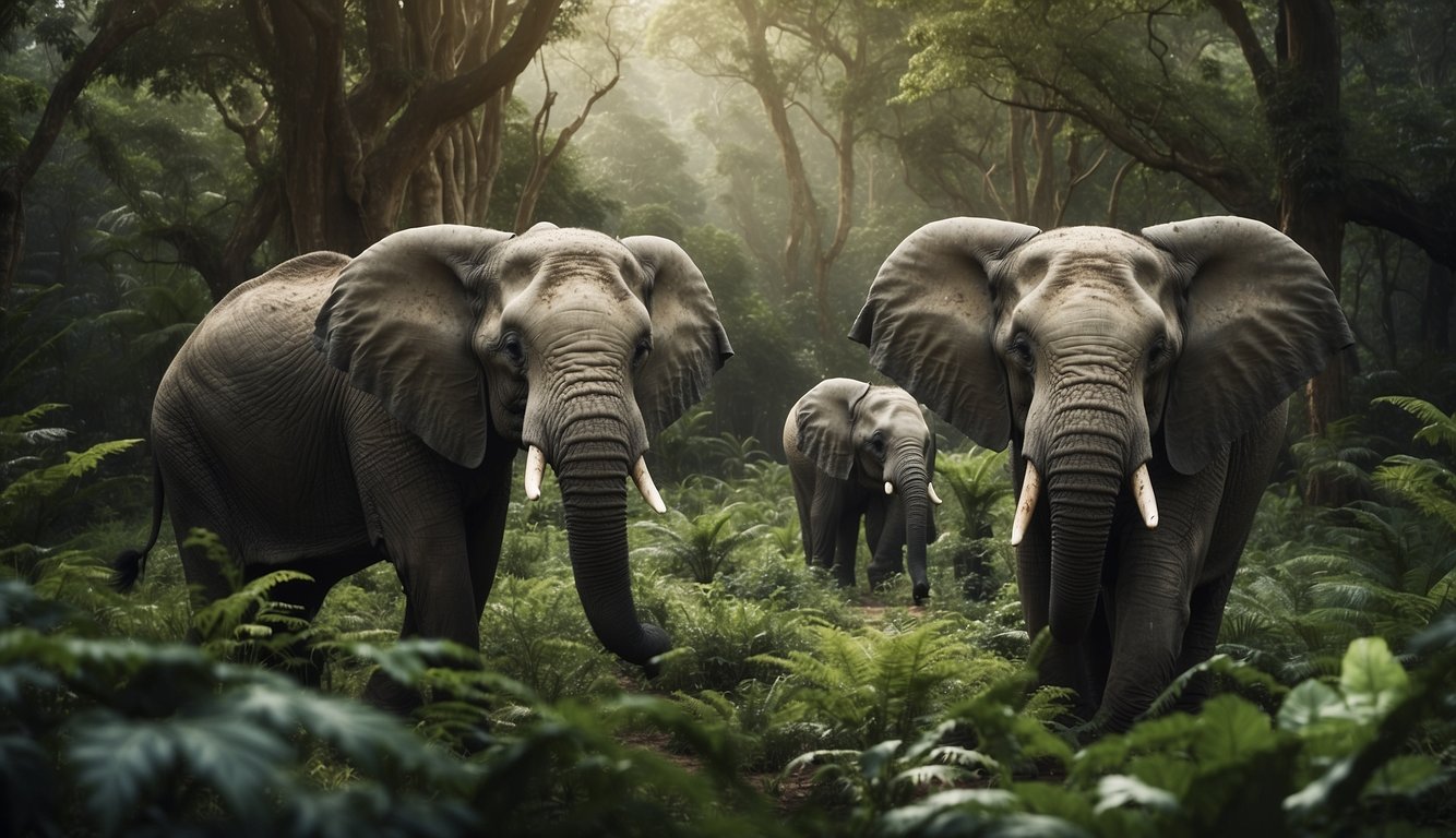 A lush, green forest with diverse wildlife, including elephants, whales, and tortoises, thriving in a balanced ecosystem