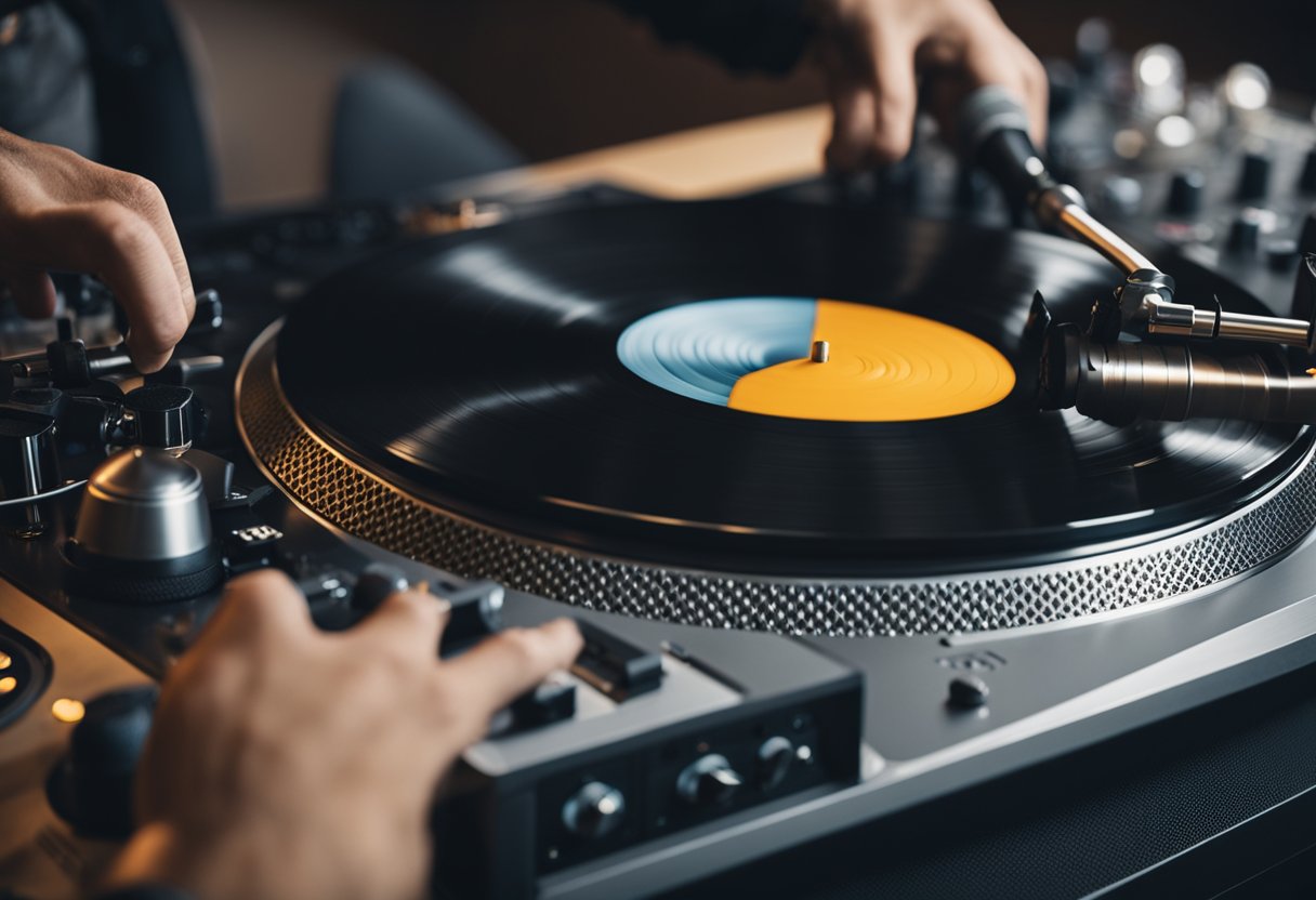 A DJ spins vinyl, creating various rap beats. Turntables, speakers, and a microphone fill the studio