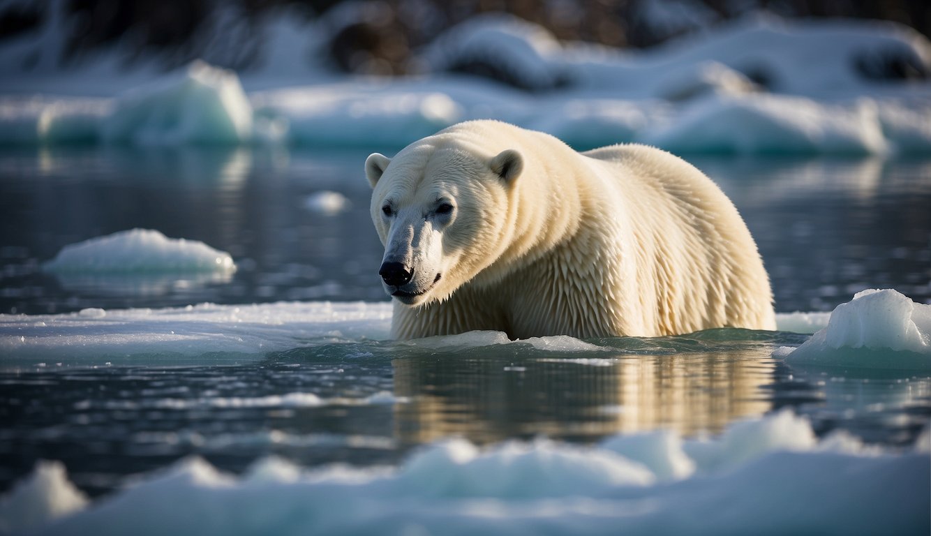 Polar bear hunting seals on ice floe, thick fur insulating against cold, large paws for swimming