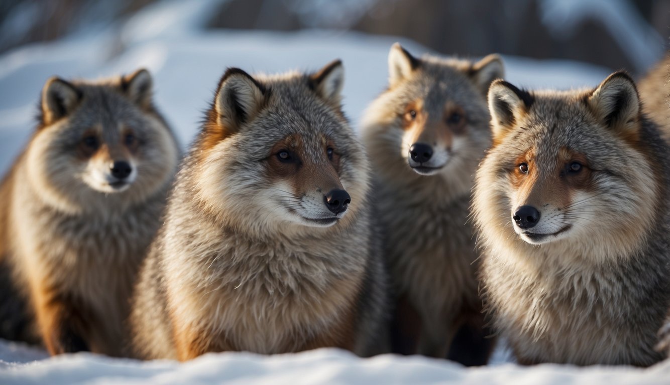 Mammals huddle together in a snow-covered landscape, their thick fur and fat layers insulating them from the freezing temperatures.

Some are burrowed in the snow, while others have thick, compact bodies to minimize heat loss