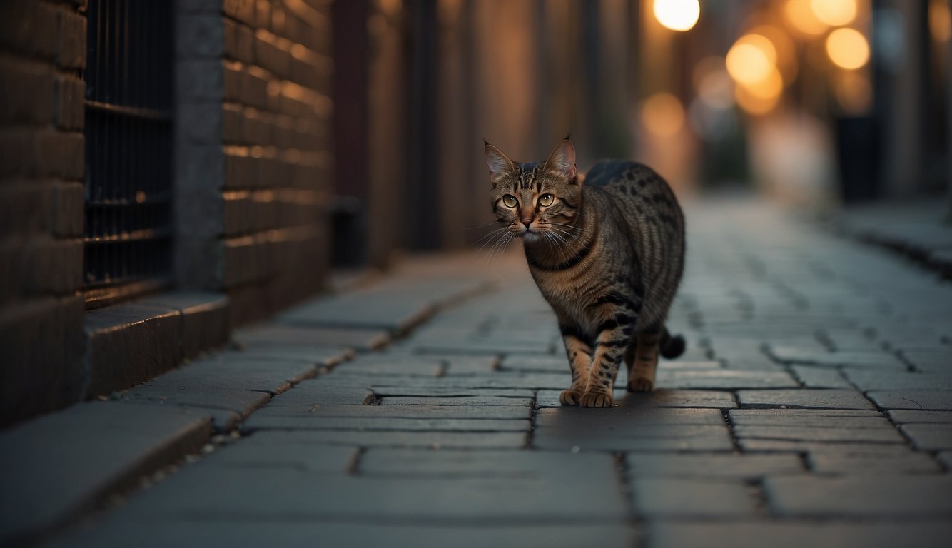 A curious cat with long whiskers explores a dimly lit alley, sniffing the air and observing its surroundings with keen interest