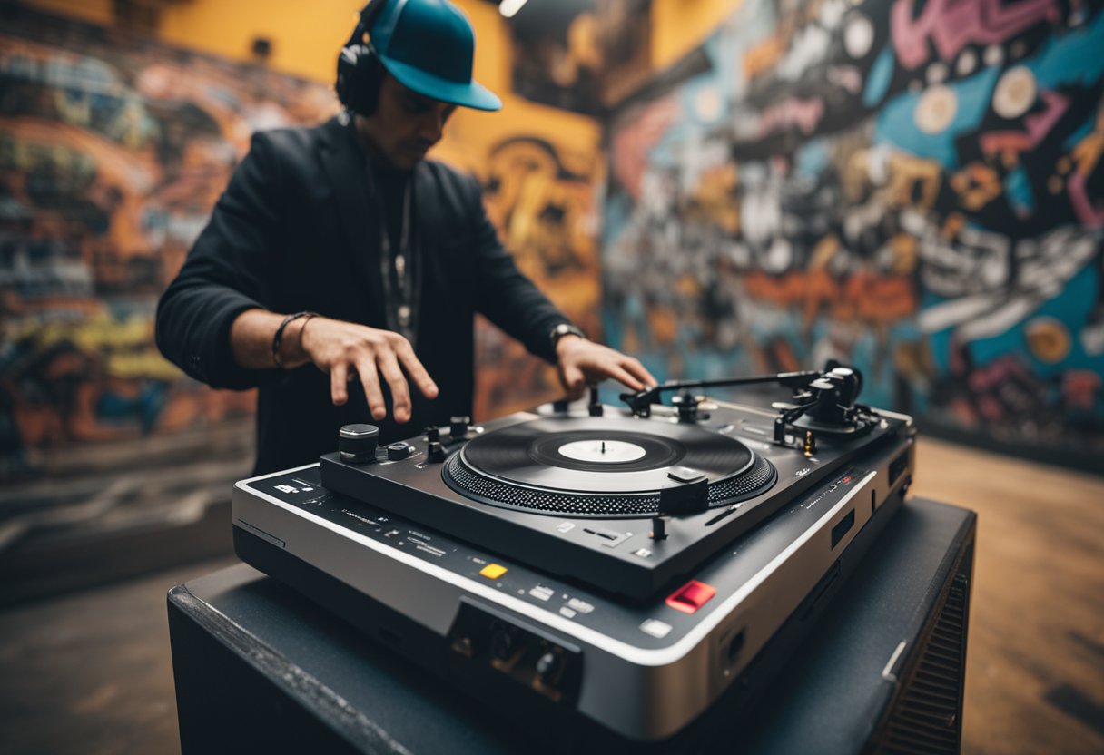 A turntable spins, while a DJ scratches vinyl. A boombox blares, as breakdancers move to the rhythm. Graffiti adorns the walls