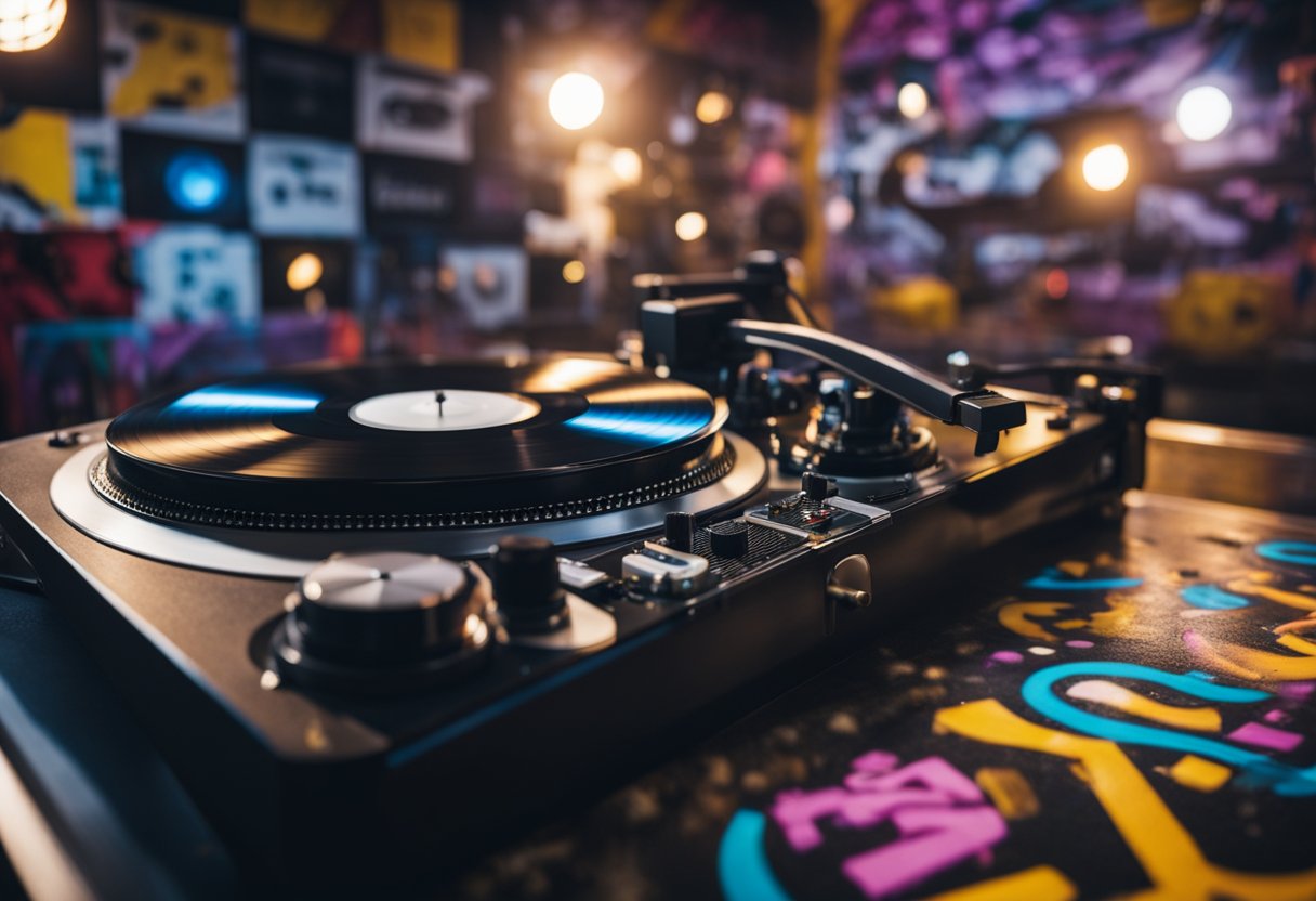 A turntable and mixer surrounded by vinyl records and a graffiti-covered wall, with a spotlight shining on the equipment