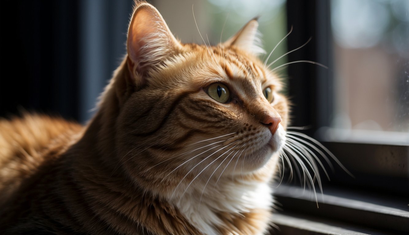 A contented cat with long, straight whiskers sits by a window, gazing out at the world.

The whiskers are prominent and well-groomed, adding to the cat's air of confidence and curiosity