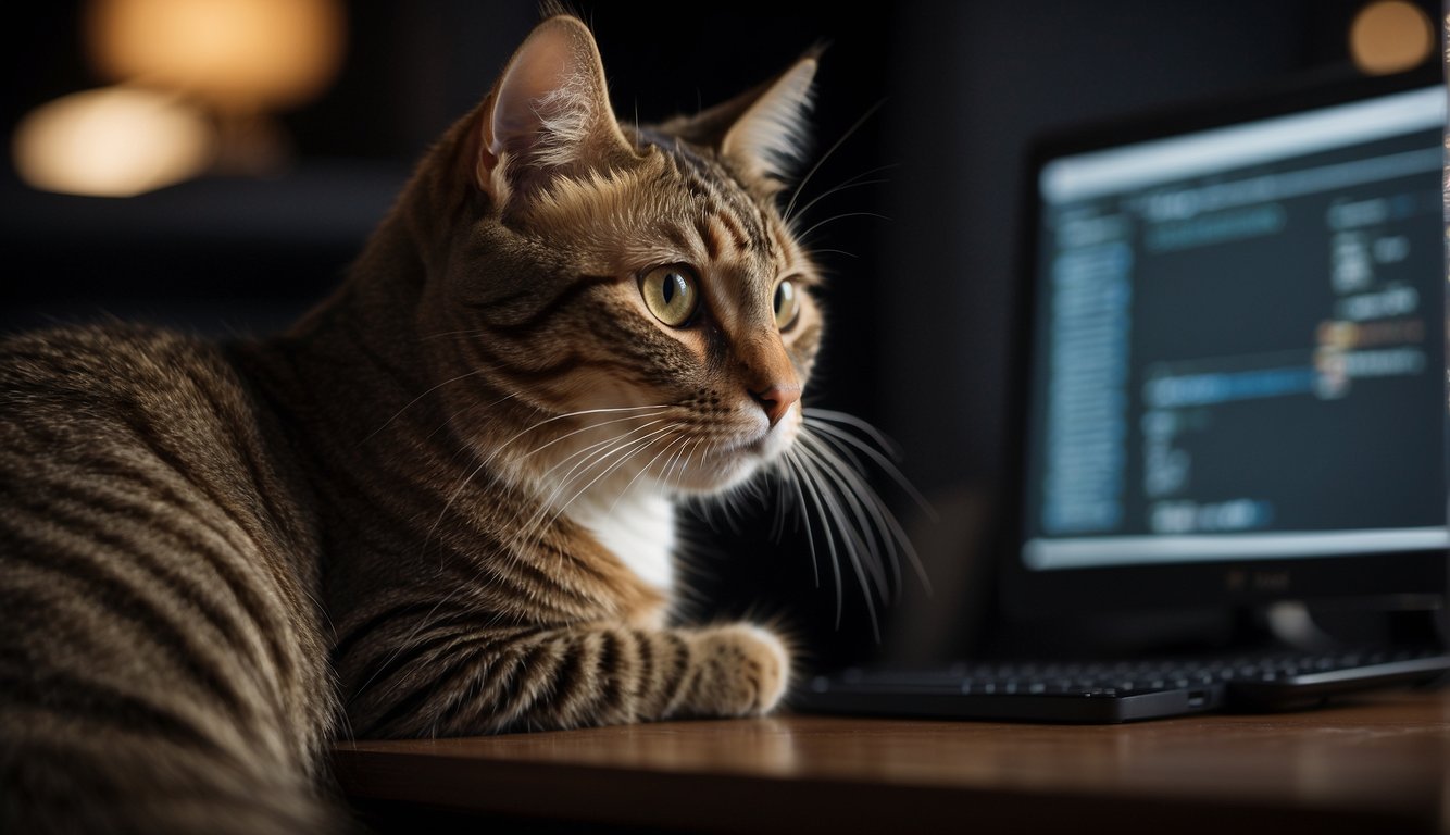 A curious cat with long whiskers sits in front of a computer screen displaying the question "Why do cats have whiskers?" The cat's eyes are wide with interest as it contemplates the query