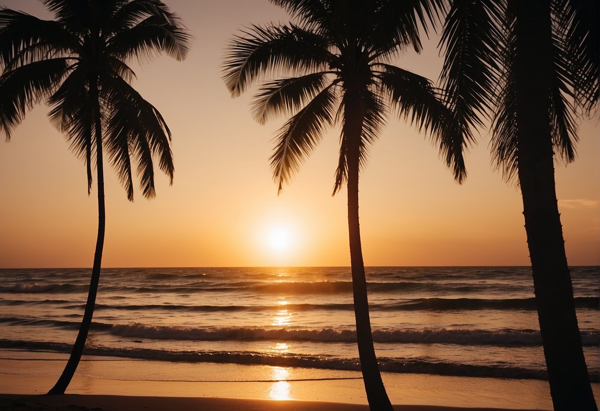 Sunset over palm-lined beach with calm waves, colorful sky, and silhouetted palm trees. Warm, golden light illuminates the scene