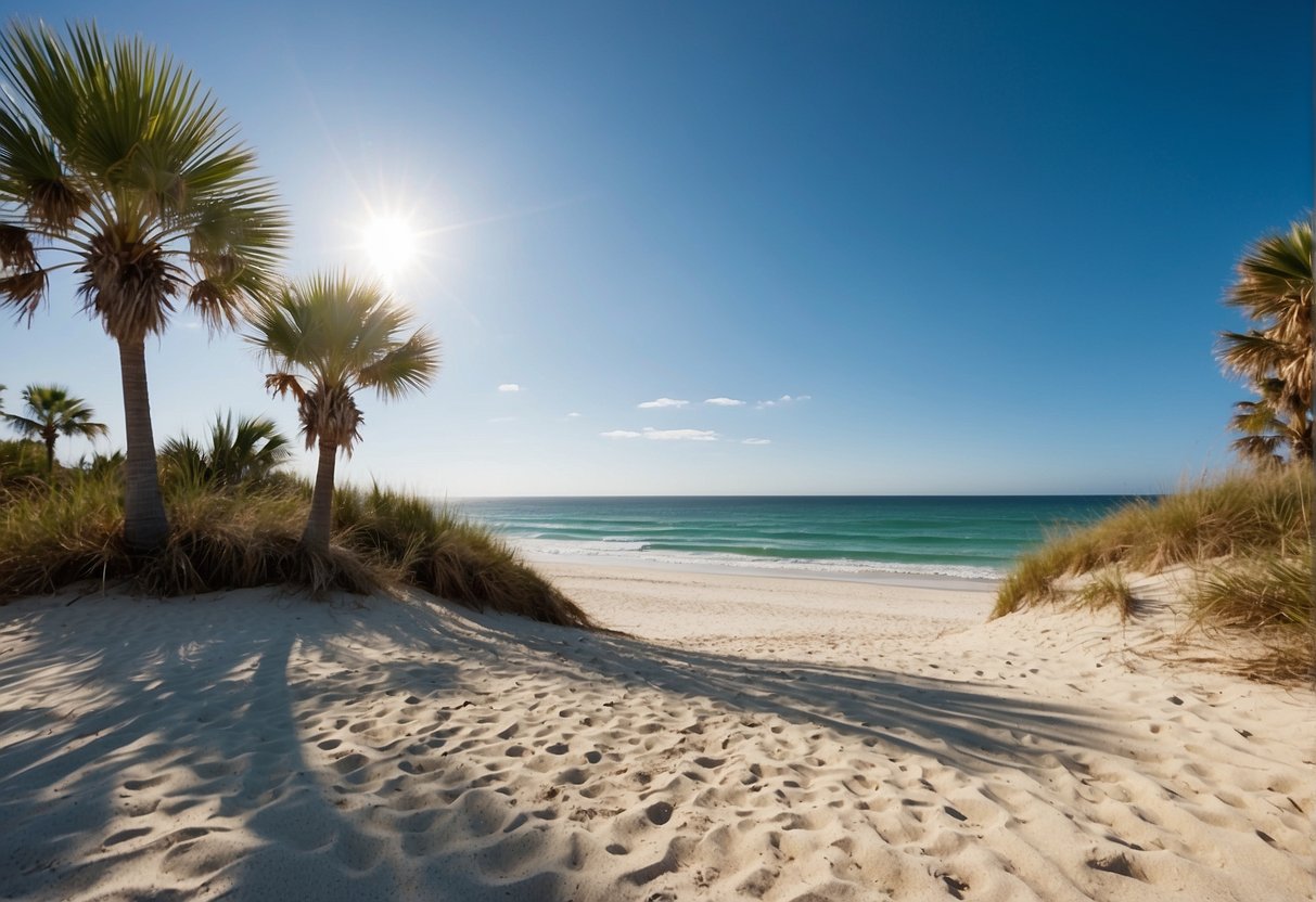 Sunshine over palm trees and sandy beaches, with clear blue skies and gentle ocean waves, make for the perfect scene to depict "Travel Considerations for Florida Visitors Best Time To Visit Florida."