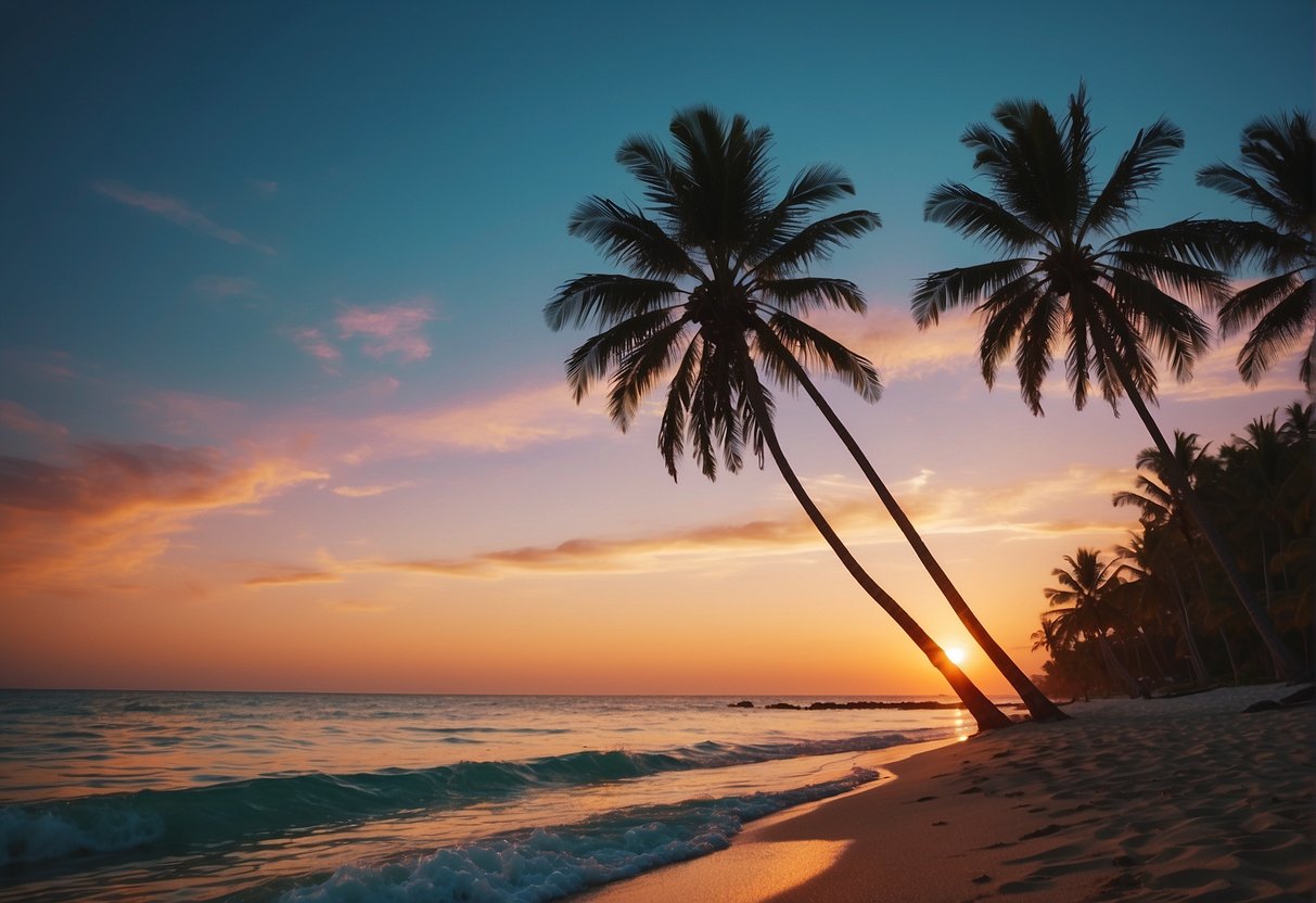 The sun sets over a palm-lined beach, casting a warm glow on the turquoise waters. A gentle breeze rustles the palm fronds as the sky transitions from blue to pink and orange