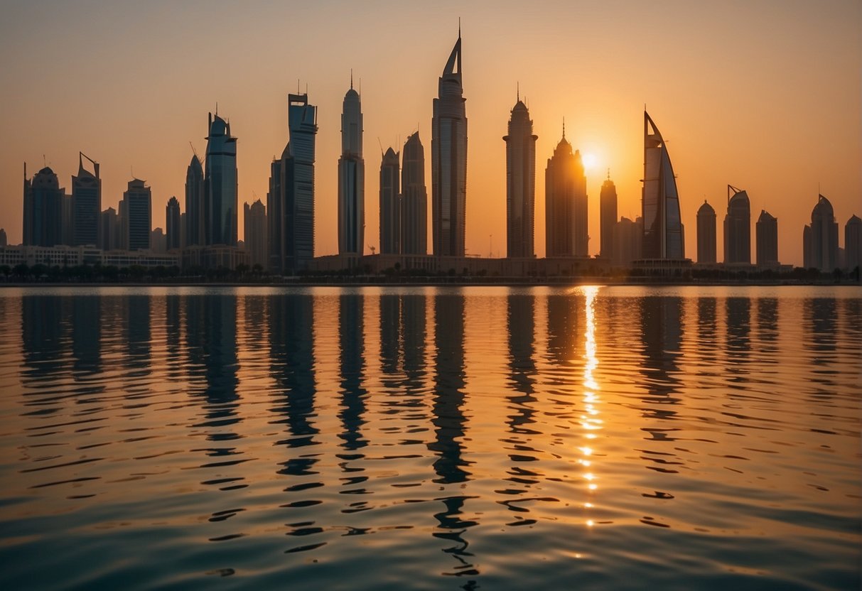 The sun sets over the iconic Dubai skyline, casting a warm glow over the city's towering skyscrapers and shimmering waters