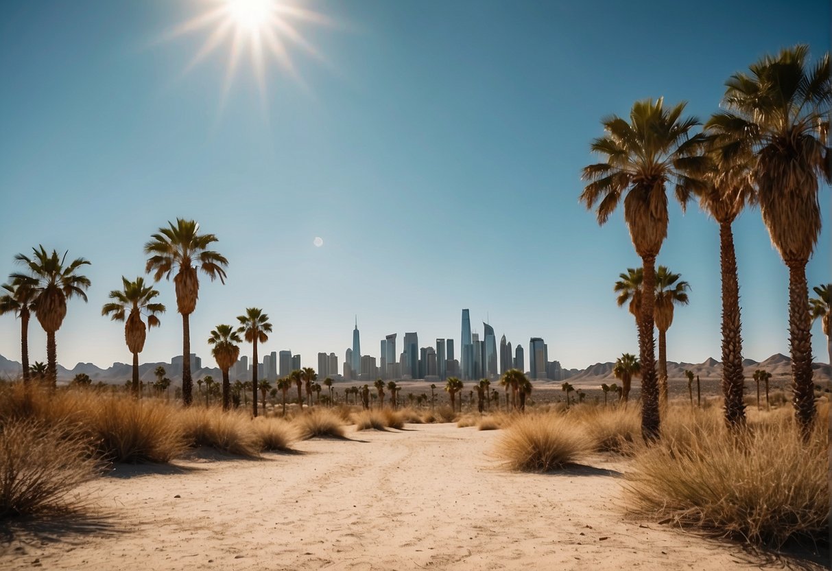 Sunny sky over sandy desert, with palm trees and modern city skyline in the background