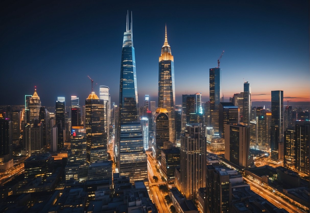 Vibrant cityscape with iconic landmarks and bustling events, set against a backdrop of clear blue skies and shimmering skyscrapers