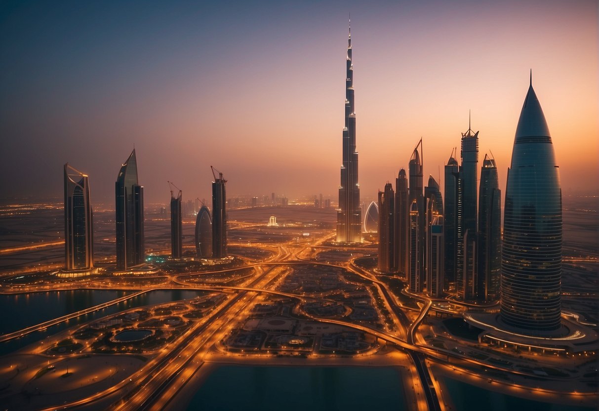 A bustling Dubai skyline at sunset, with the iconic Burj Khalifa standing tall amidst the city's modern architecture and vibrant lights