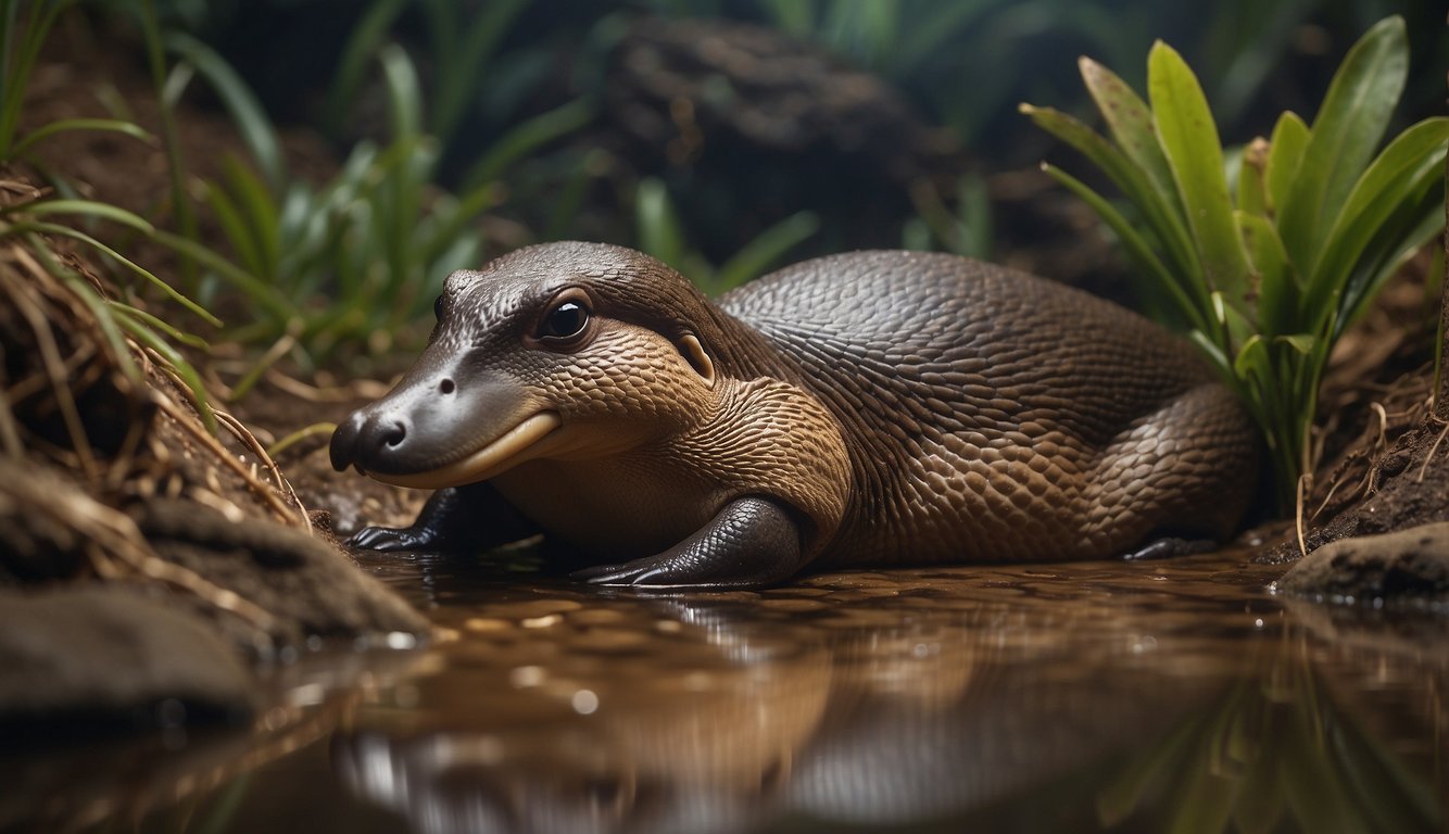 A platypus mother carefully tends to her eggs in a burrow, showcasing the unique reproductive strategy of this mammal.

The illustration captures the combination of mammalian and reptilian features in the platypus's appearance and behavior
