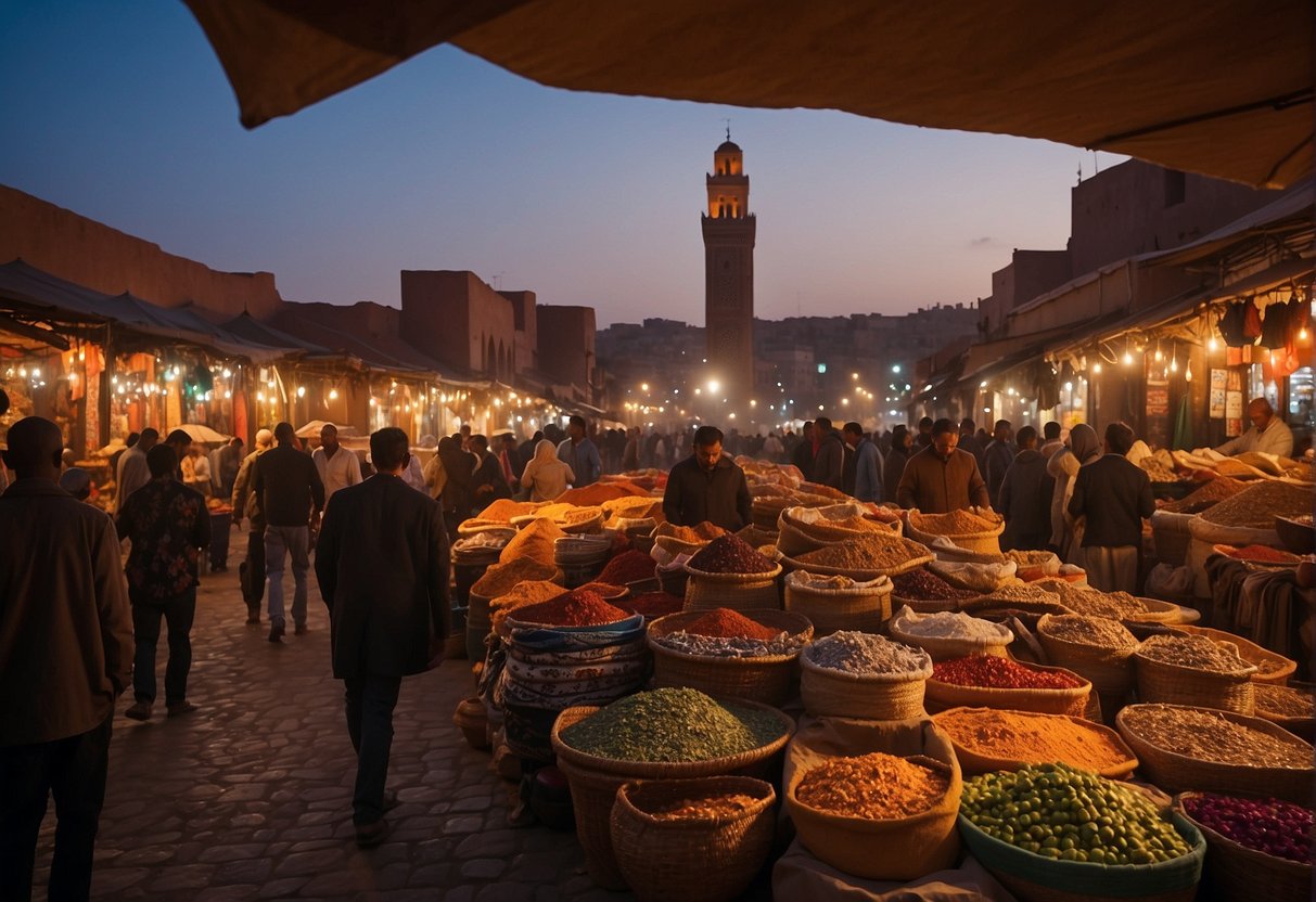 Vibrant market stalls line the bustling streets of Morocco, filled with colorful textiles, spices, and pottery. The sun sets behind the silhouette of ancient architecture, casting a warm glow over the lively scene