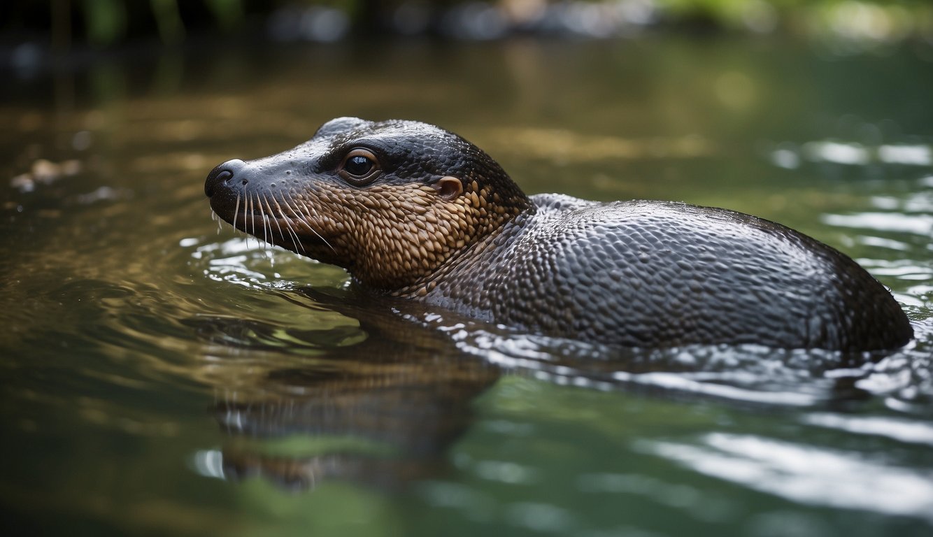 A platypus swimming in a clear, flowing stream, surrounded by lush vegetation and diverse wildlife.

Its sleek body and webbed feet propel it effortlessly through the water, showcasing its unique mammalian features