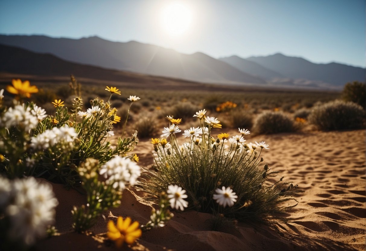 Moroccan landscape with vibrant colors, blooming flowers, and clear skies. Sun shining over desert dunes and snow-capped mountains