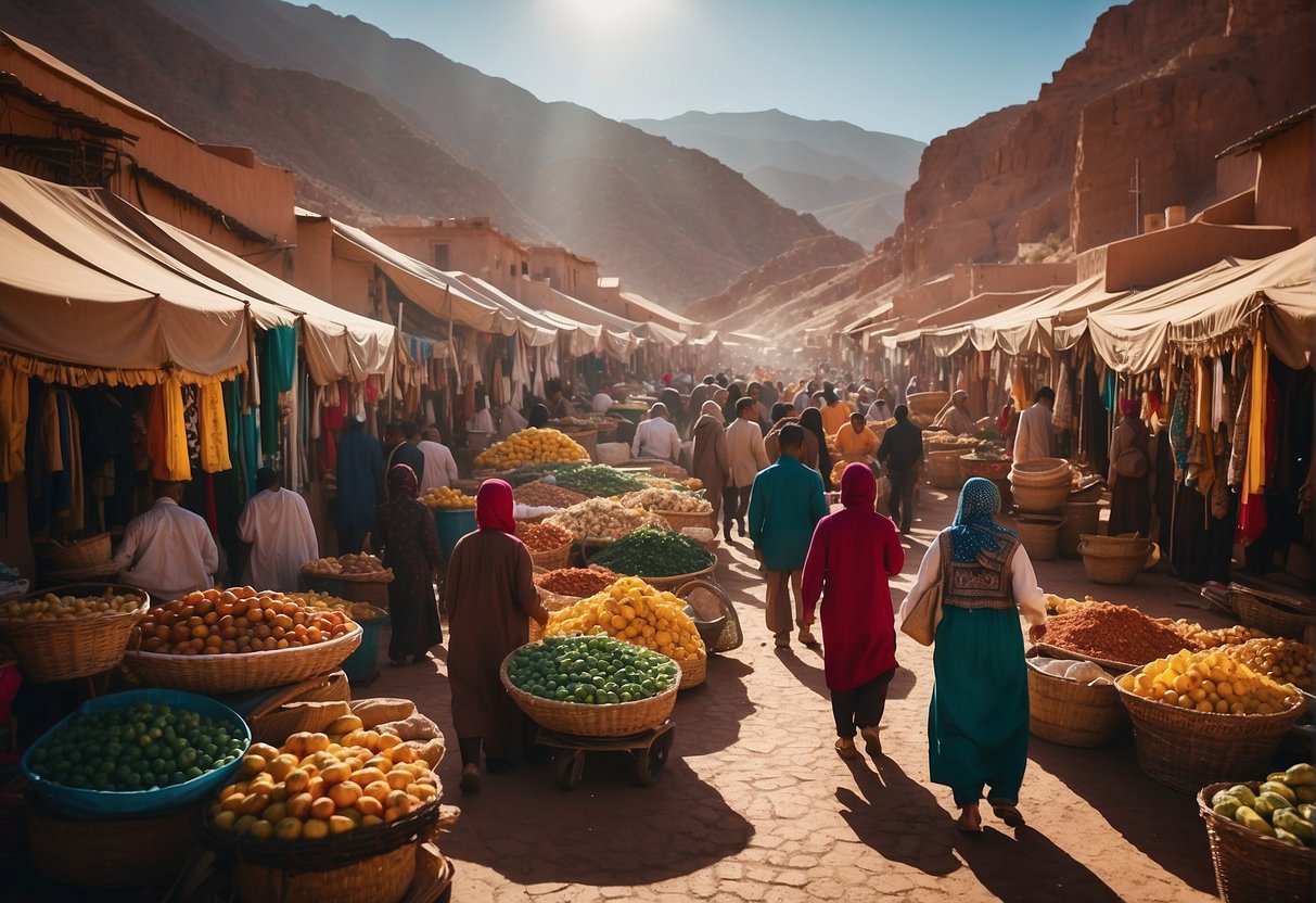 Vibrant market stalls, bustling with activity. Diverse landscapes from mountains to deserts. Colorful festivals and cultural events. Ideal for an illustration of Morocco's regional diversity and dynamic atmosphere