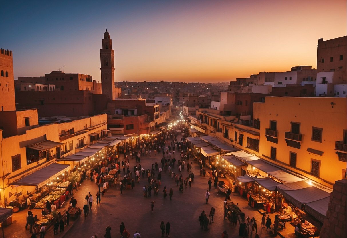 Sunset over the bustling streets of Morocco, with vibrant colors and diverse architecture. The scene is filled with tourists and locals enjoying the lively atmosphere