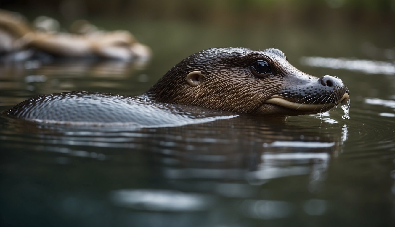 A platypus swimming in a river, with a puzzled expression as it examines its webbed feet and bill