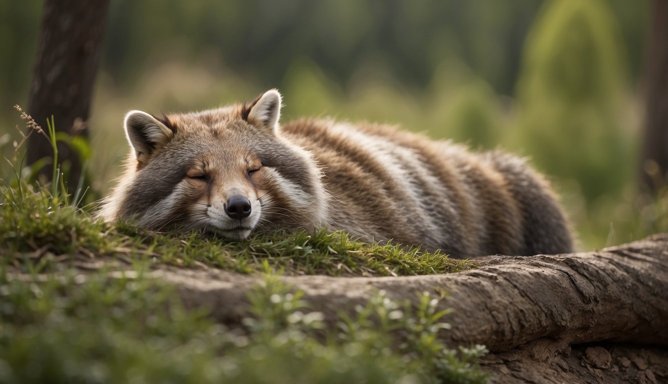 Mammals resting in various sleeping positions, surrounded by natural elements like trees and grass, with a peaceful and serene atmosphere