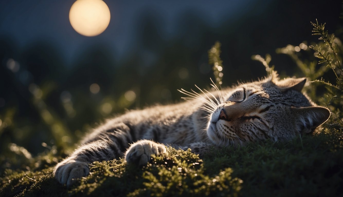 Animals in various habitats rest with closed eyes, some curled up, others lying flat.

Moonlight illuminates the scene, highlighting the peacefulness of sleep in nature
