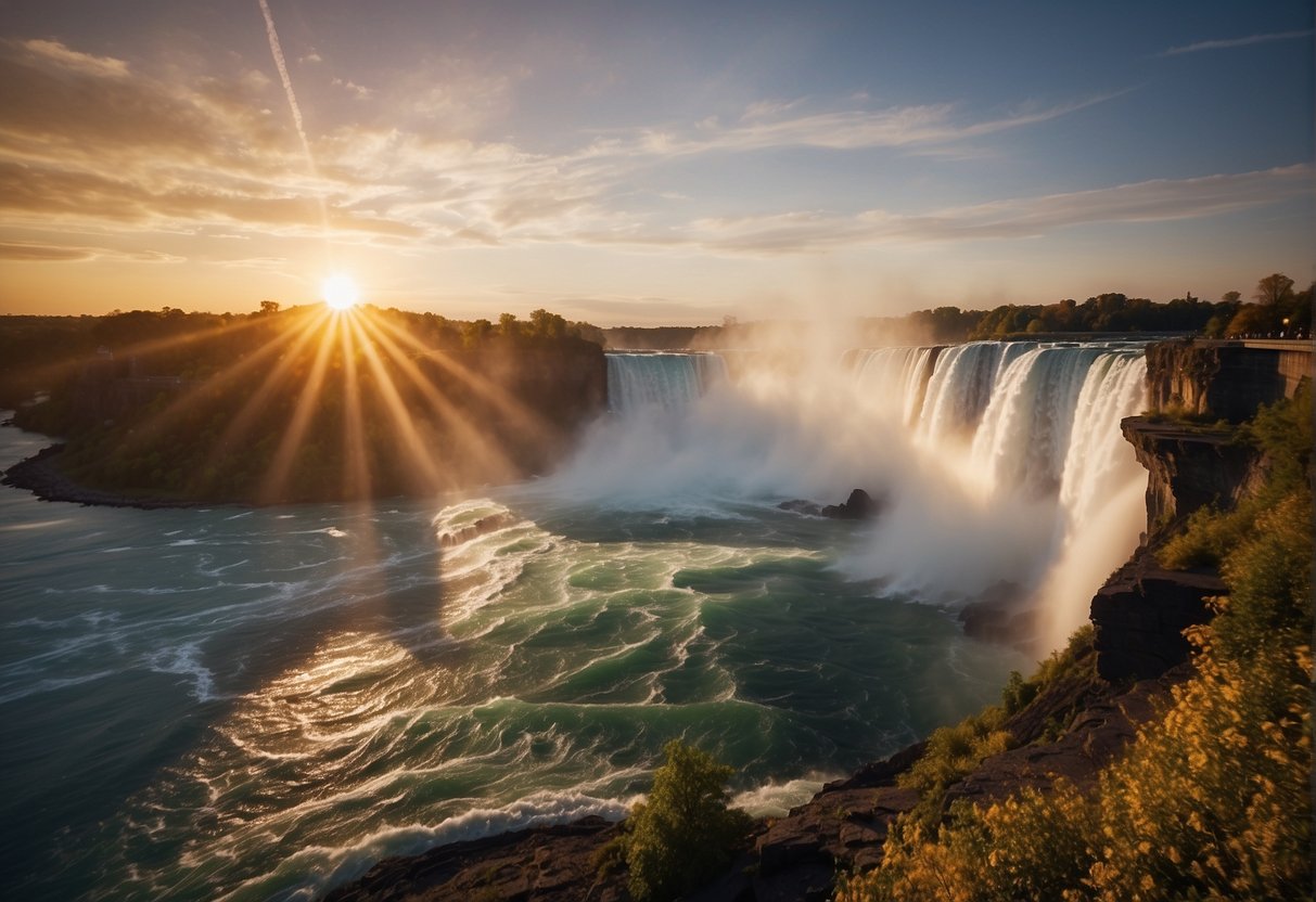 The sun sets behind Niagara Falls, casting a golden glow on the rushing water. The mist rises, creating a magical atmosphere