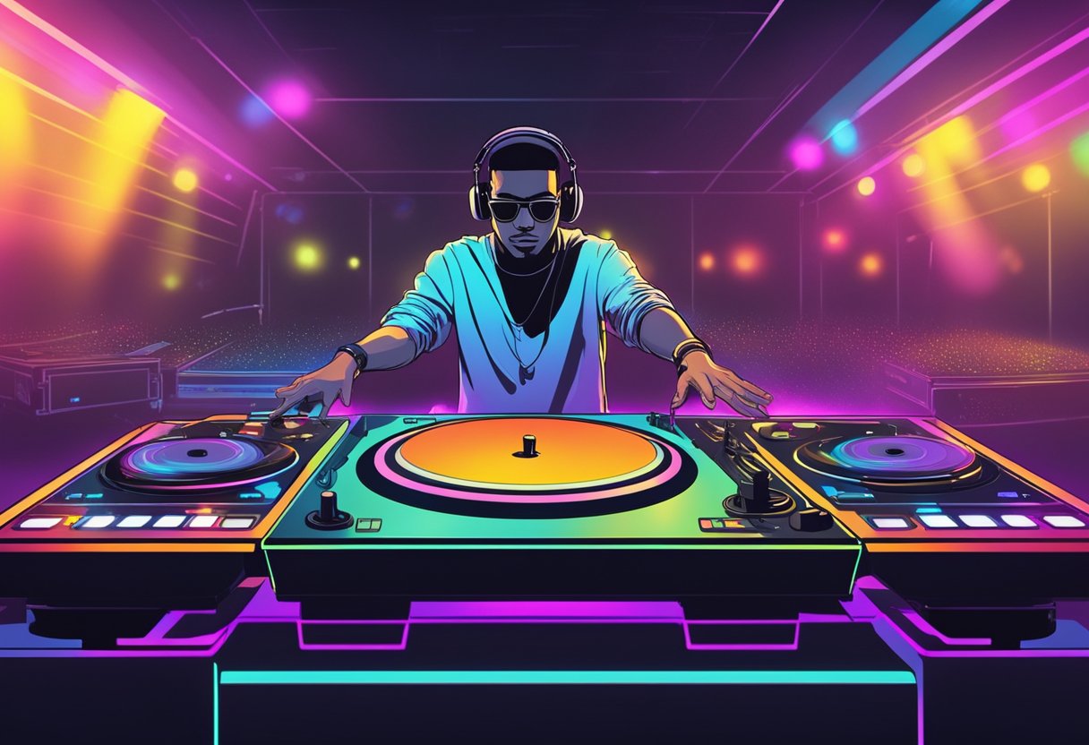 A DJ stands behind a turntable, fingers moving quickly to create freestyle beats. The room is dimly lit, with colorful lights flashing in the background