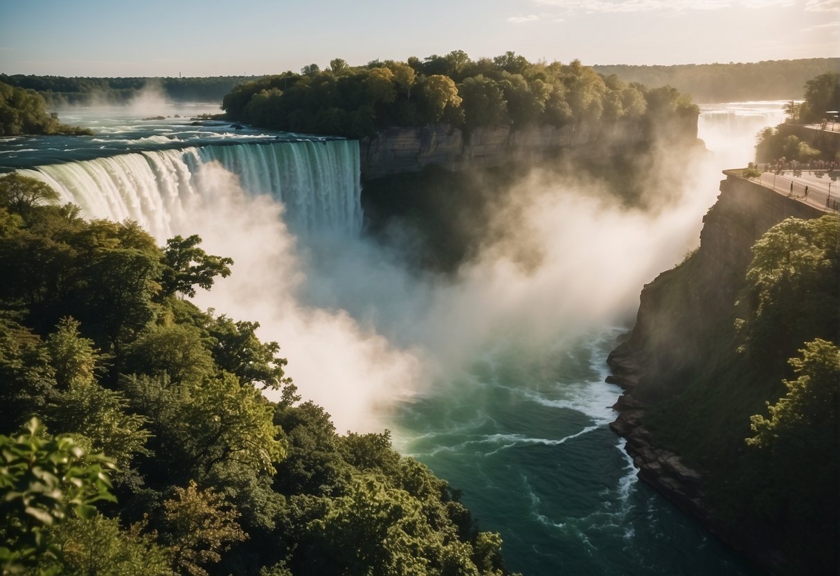 The roaring Niagara Falls cascades over the edge, surrounded by lush greenery and vibrant foliage, as the sun shines down on the misty waters