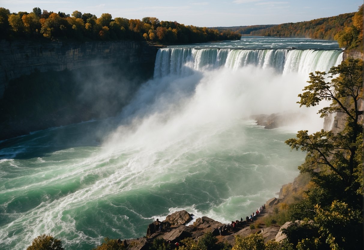 The majestic Niagara Falls cascades down the rocky cliffs, creating a powerful mist that shrouds the surrounding area. Boats navigate the turbulent waters, while visitors enjoy the breathtaking view from observation decks