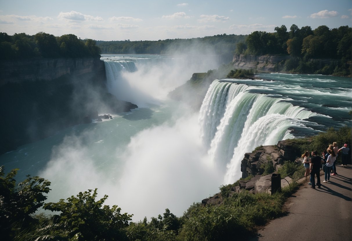 The roaring Niagara Falls cascades over the rocky edge, mist rising into the air. Tourists gather on the viewing platforms, cameras in hand, marveling at the natural wonder