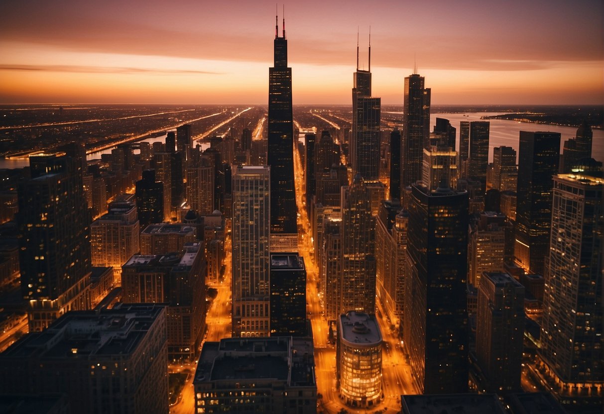 The sun sets over the iconic Chicago skyline, casting a warm glow on the city's famous architecture and bustling streets