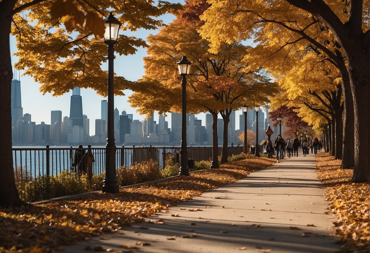 A sunny day in Chicago with colorful autumn leaves, clear blue skies, and a gentle breeze. The city's skyline is visible in the distance, with people enjoying outdoor activities