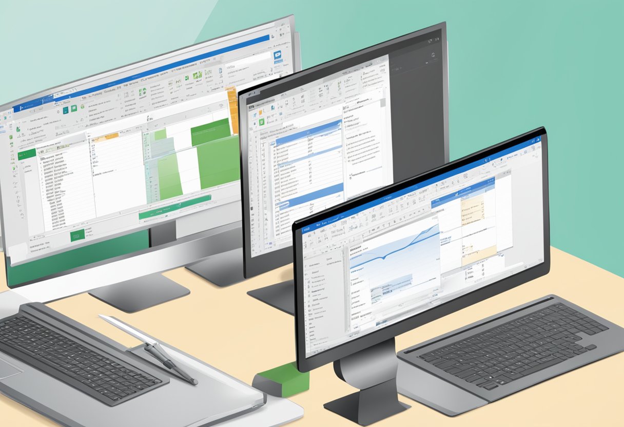 A computer screen showing Outlook and Excel open, with the user setting up a mail merge document