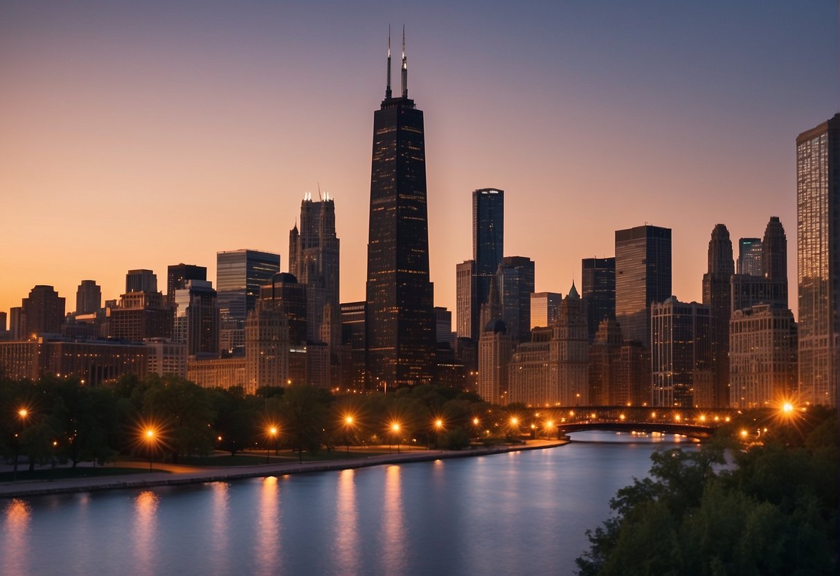 The Chicago skyline at dusk, with the sun setting behind the iconic buildings and the city lights beginning to illuminate the cityscape