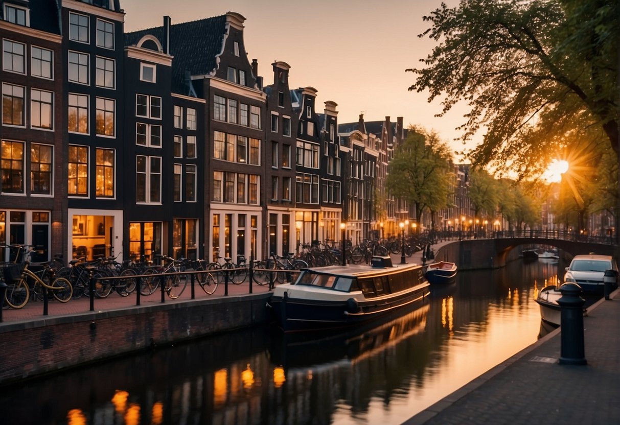 The sun sets over Amsterdam's iconic canals, casting a warm glow on the historic buildings and bustling waterfront