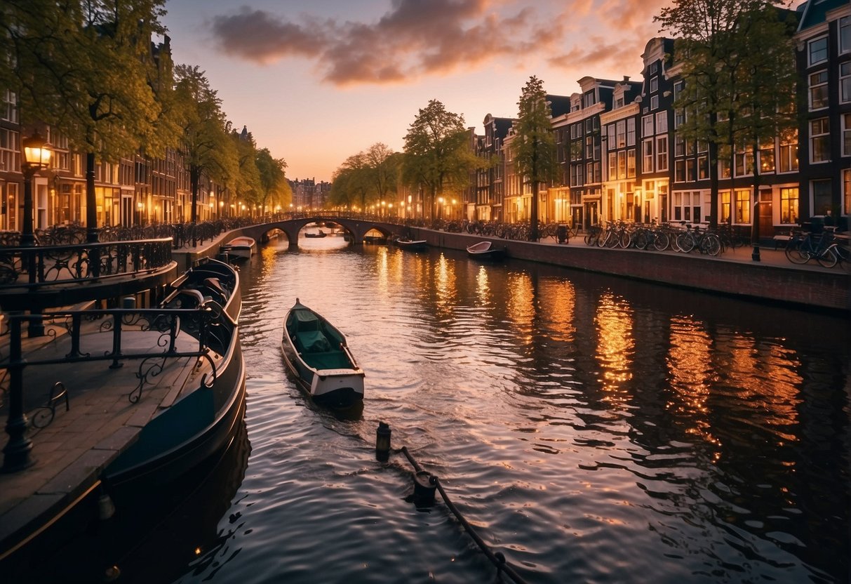 The sun sets over the iconic canals of Amsterdam, casting a warm glow on the historic buildings lining the waterways. Tourists stroll along the cobblestone streets, taking in the charming atmosphere of the city