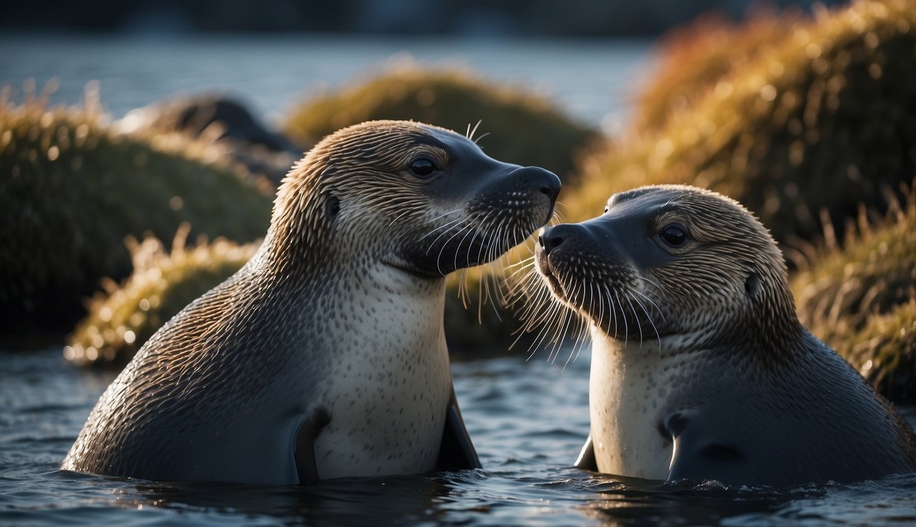 Marine mammals huddle together, insulating blubber, thick fur, and streamlined bodies to stay warm in icy waters