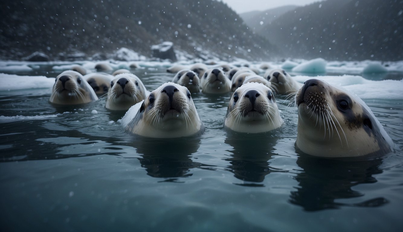 A pod of marine mammals huddles together in icy waters, their thick blubber insulating them from the cold.

Snowflakes fall gently around them as they swim gracefully through the frigid ocean