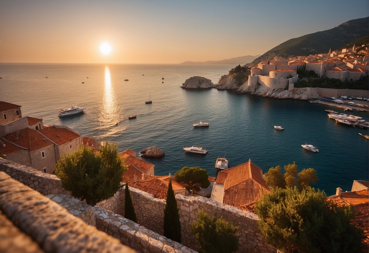 The sun sets over the Adriatic Sea, casting a golden glow on the ancient red rooftops of Dubrovnik. The calm waters reflect the warm hues, creating a picturesque scene perfect for a summer visit to Croatia