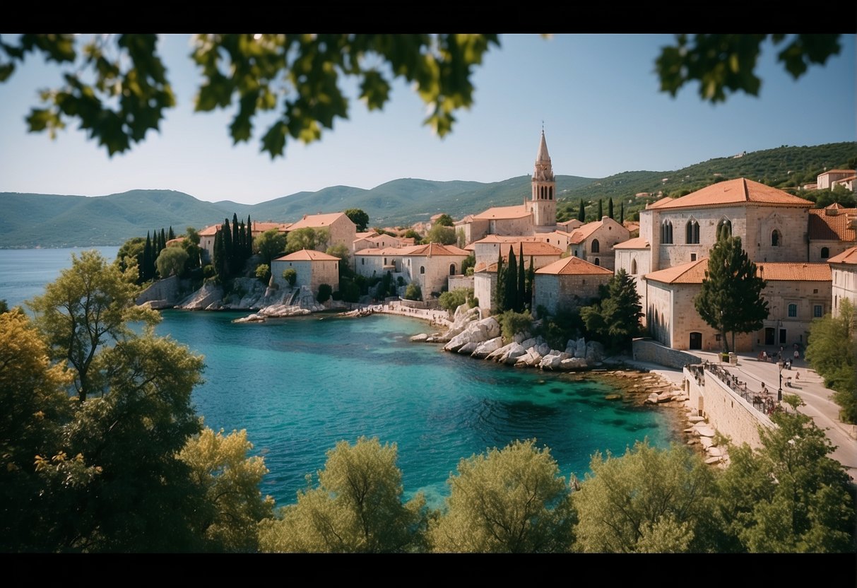 Sunny skies over crystal-clear waters, with lush green landscapes and historic architecture in the background, capturing the beauty of Croatia in the optimal seasons