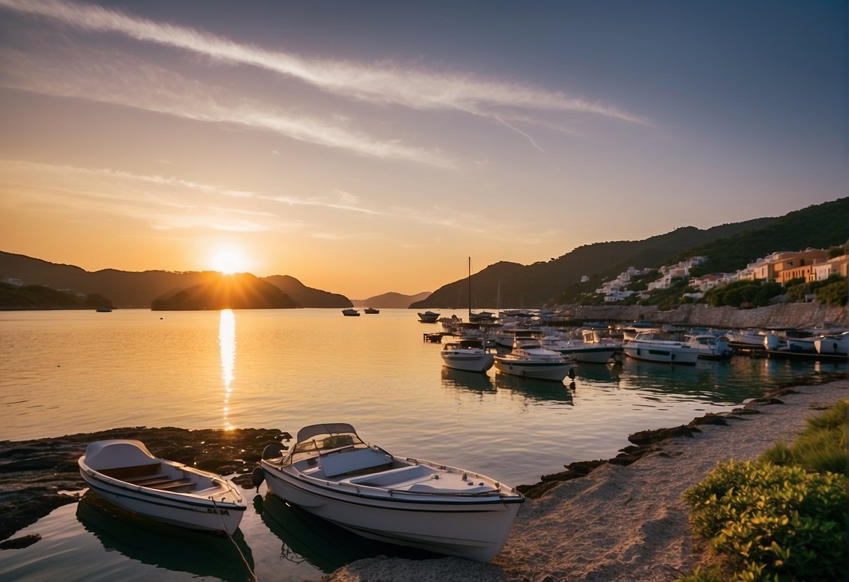 The sun sets over the picturesque coastline, with crystal clear waters and lush green islands in the distance. Boats dot the horizon, while locals and tourists enjoy various activities along the shore