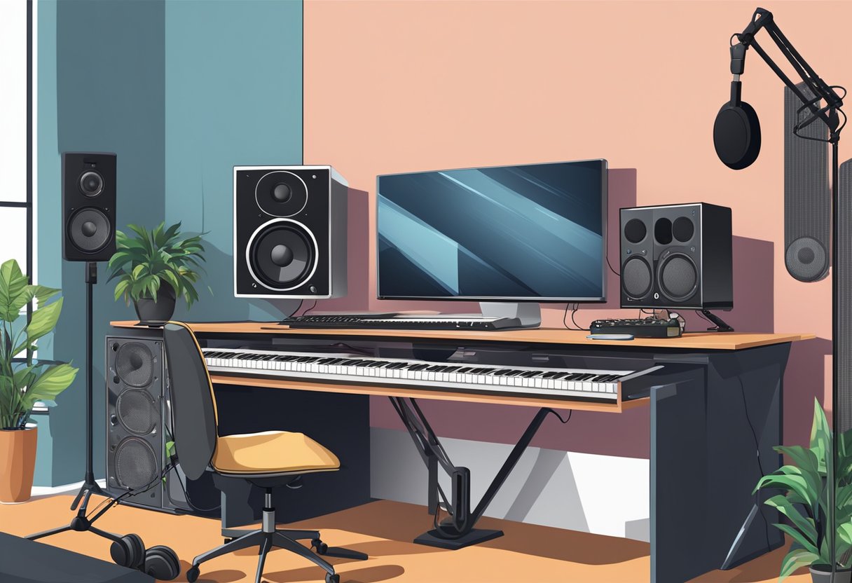 A studio setup with a computer, MIDI keyboard, and mixing board. Headphones and speakers are placed on the desk, surrounded by musical instruments