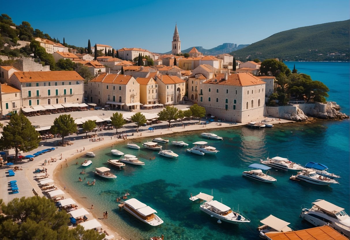 A sunny coastal town in Croatia, with clear blue skies, turquoise waters, and colorful buildings lining the waterfront. A bustling marketplace and outdoor cafes add to the lively atmosphere