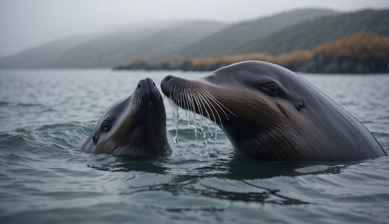 Marine mammals huddle together in icy waters, their thick blubber insulating them against the cold.

Some are seen diving and surfacing, exhaling misty breaths into the frigid air