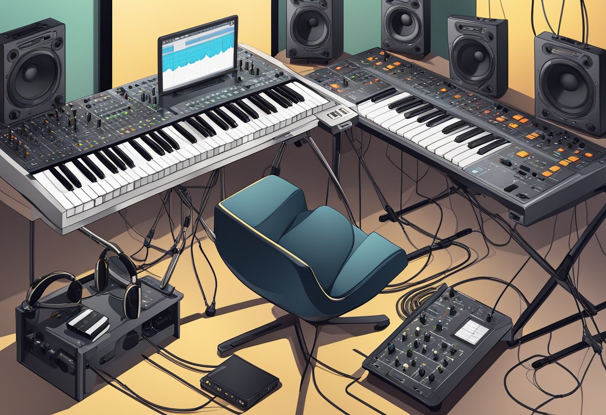 A digital audio workstation with multiple tracks and plugins, MIDI keyboard, drum machine, and synthesizer surrounded by cables and headphones