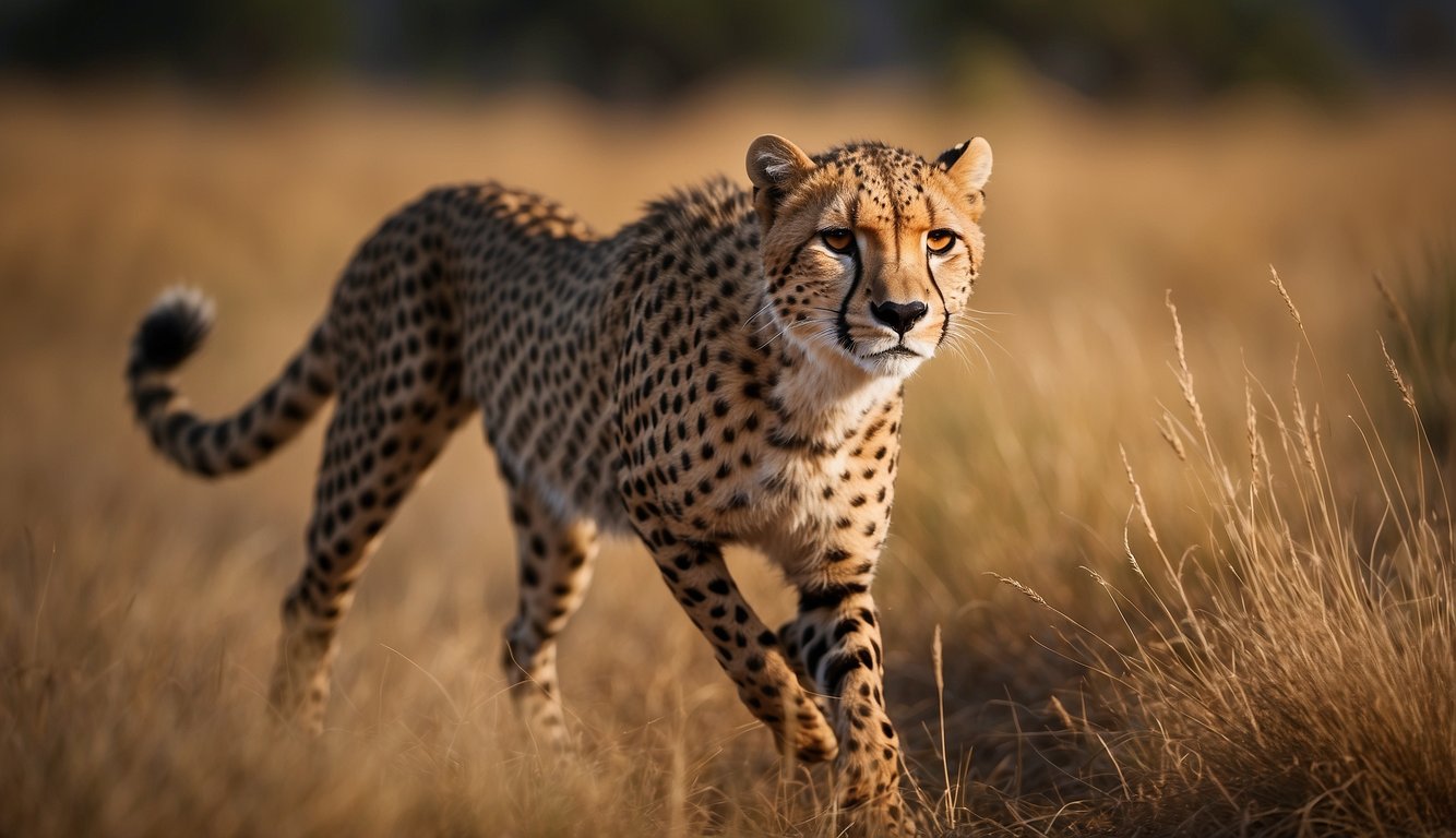 A cheetah sprints across the savanna, its sleek body and long legs propelling it forward at incredible speed.

The grasses blur as it reaches its top speed of 70 miles per hour