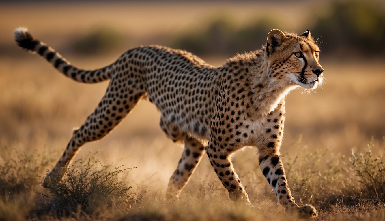 A cheetah races across the savanna, its sleek body stretched out in full stride, chasing down a gazelle with lightning speed.

The tension between predator and prey is palpable in the air