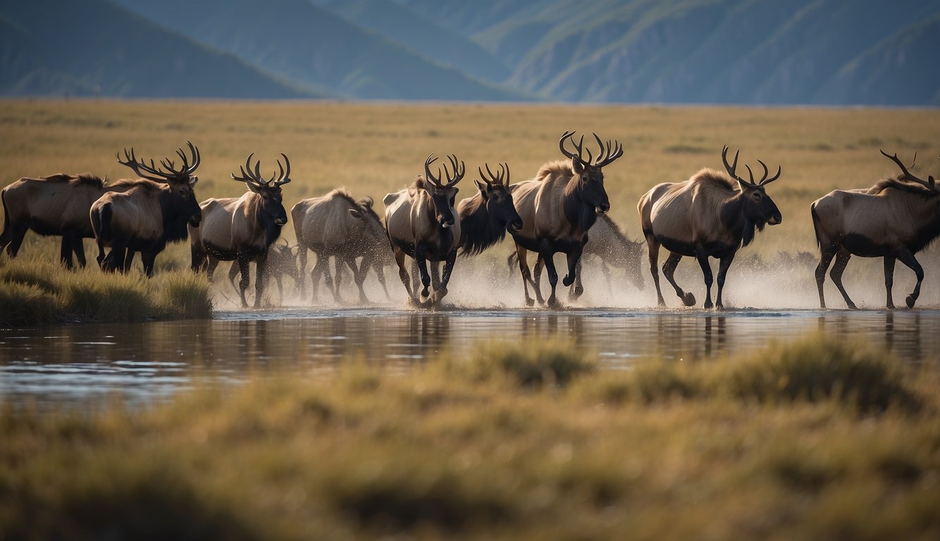 A group of iconic migratory mammals, such as wildebeests and caribou, embarks on a long journey across vast landscapes, navigating through various terrains and weather conditions