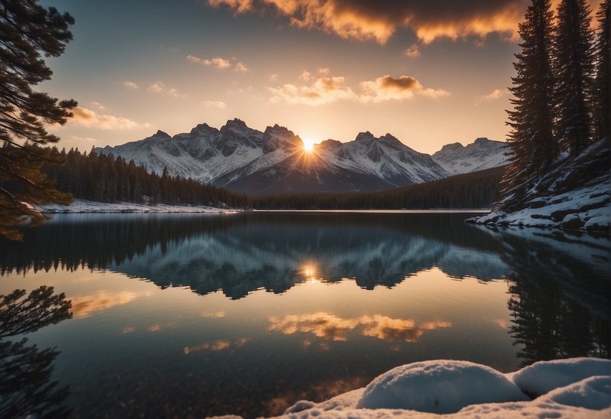 The sun sets behind snow-capped mountains, casting a warm glow over a tranquil lake. Pine trees stand tall in the foreground, their branches swaying gently in the breeze
