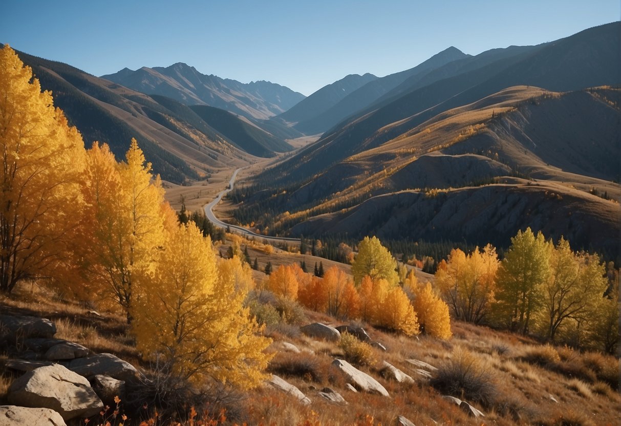 Vibrant fall foliage blankets the rugged mountains of Montana, while a clear blue sky and crisp air create the perfect backdrop for outdoor adventures